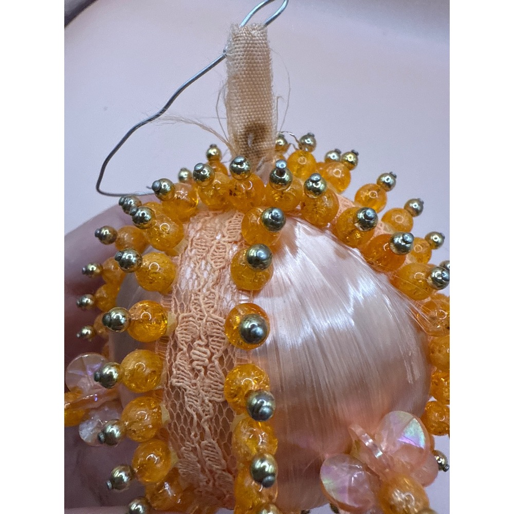 Vintage Handmade Beaded Push Pin Christmas Ornament Peach Satin Pearl - Picture 4 of 12